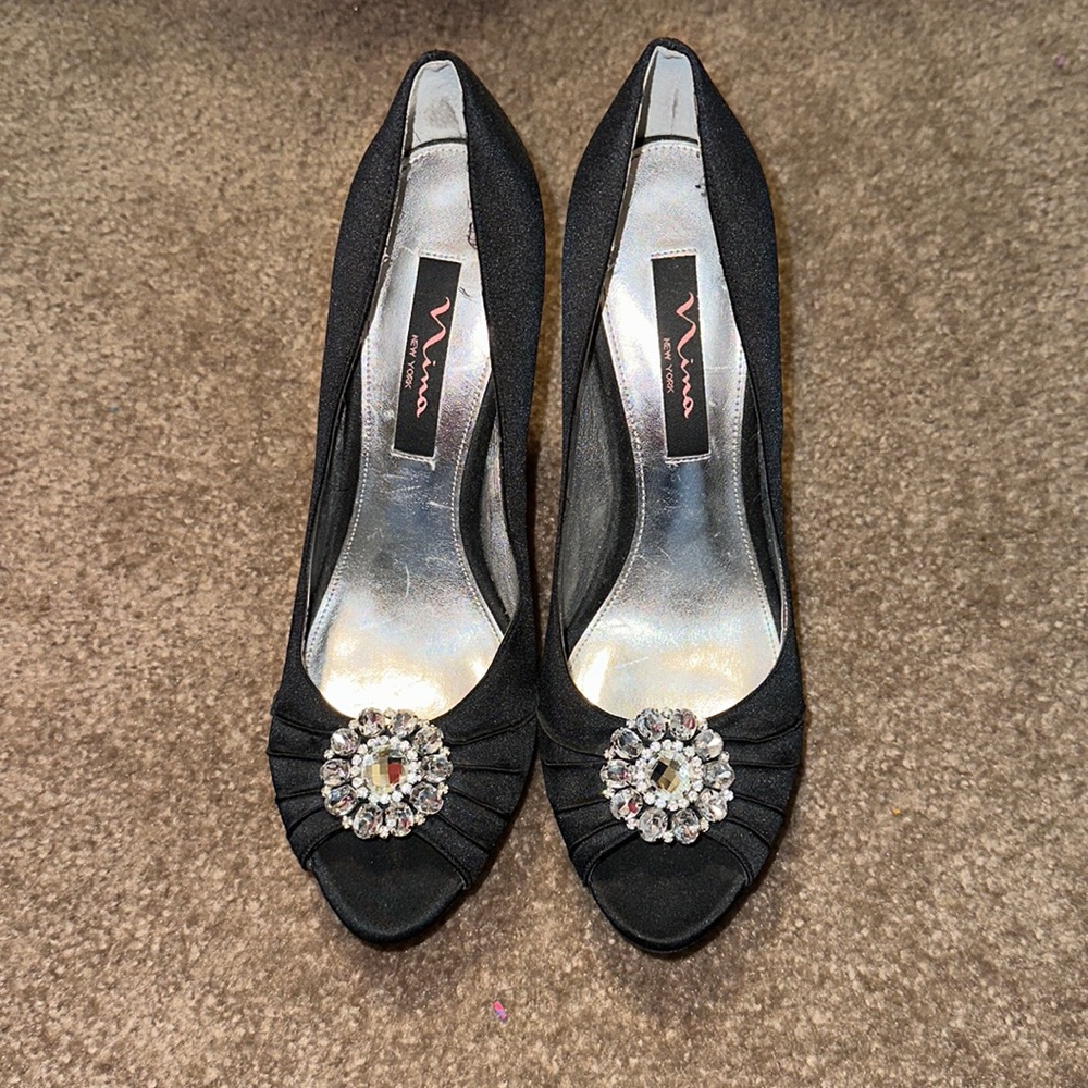 Black satin platform heel with rhinestones